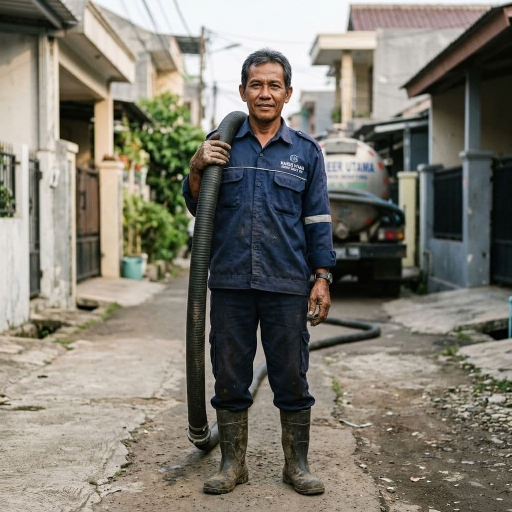Petugas membawa selang sedot di gang, dengan truk tangki di belakang.