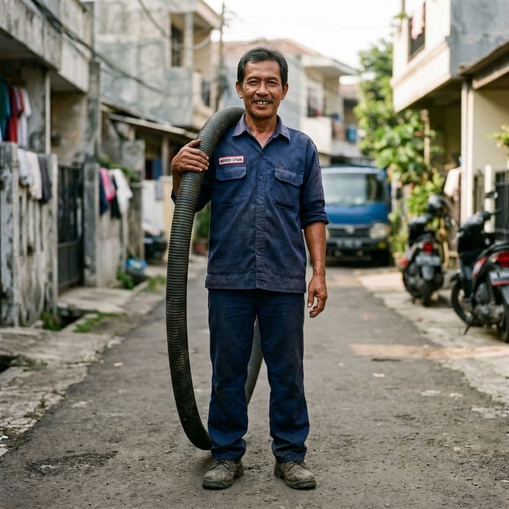 Petugas membawa selang sedot di gang permukiman.